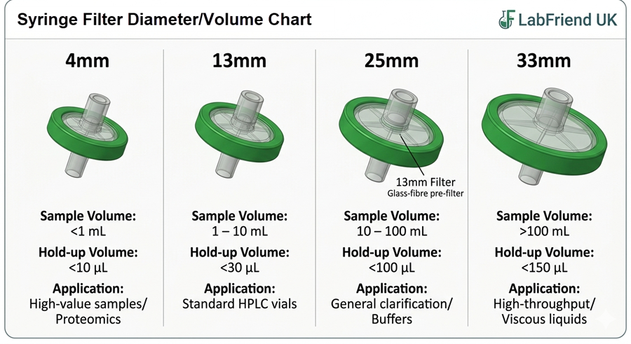 Syringe filter diameter selection guide showing 4mm, 13mm, and 25mm sizes with corresponding hold-up volumes and sample capacities.